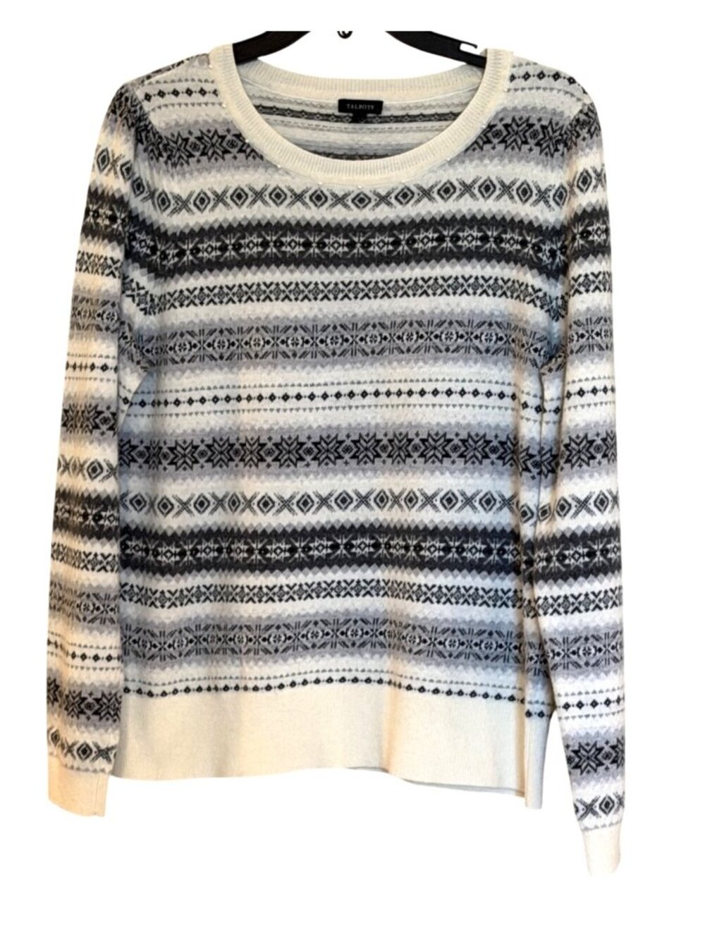 Talbots Wool Blend Fair Isle Pearl Trim Neck Wool Blend Sweater Gray Size Large